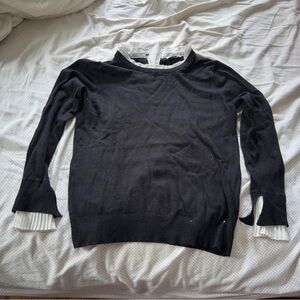 Black Crewneck Sweater with White Pleated Trim